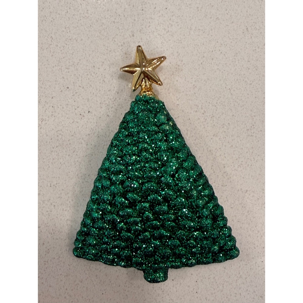 AJC‎ Vintage Christmas Tree Brooch Green Glitter Gold Tone Star Holiday Pin